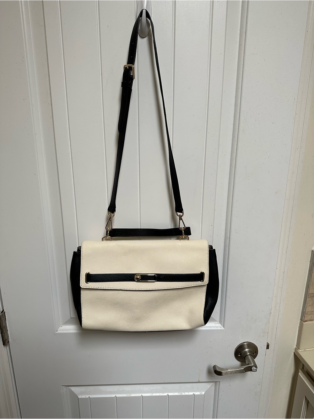Talbots Cream and Black Leather Crossbody Clutch